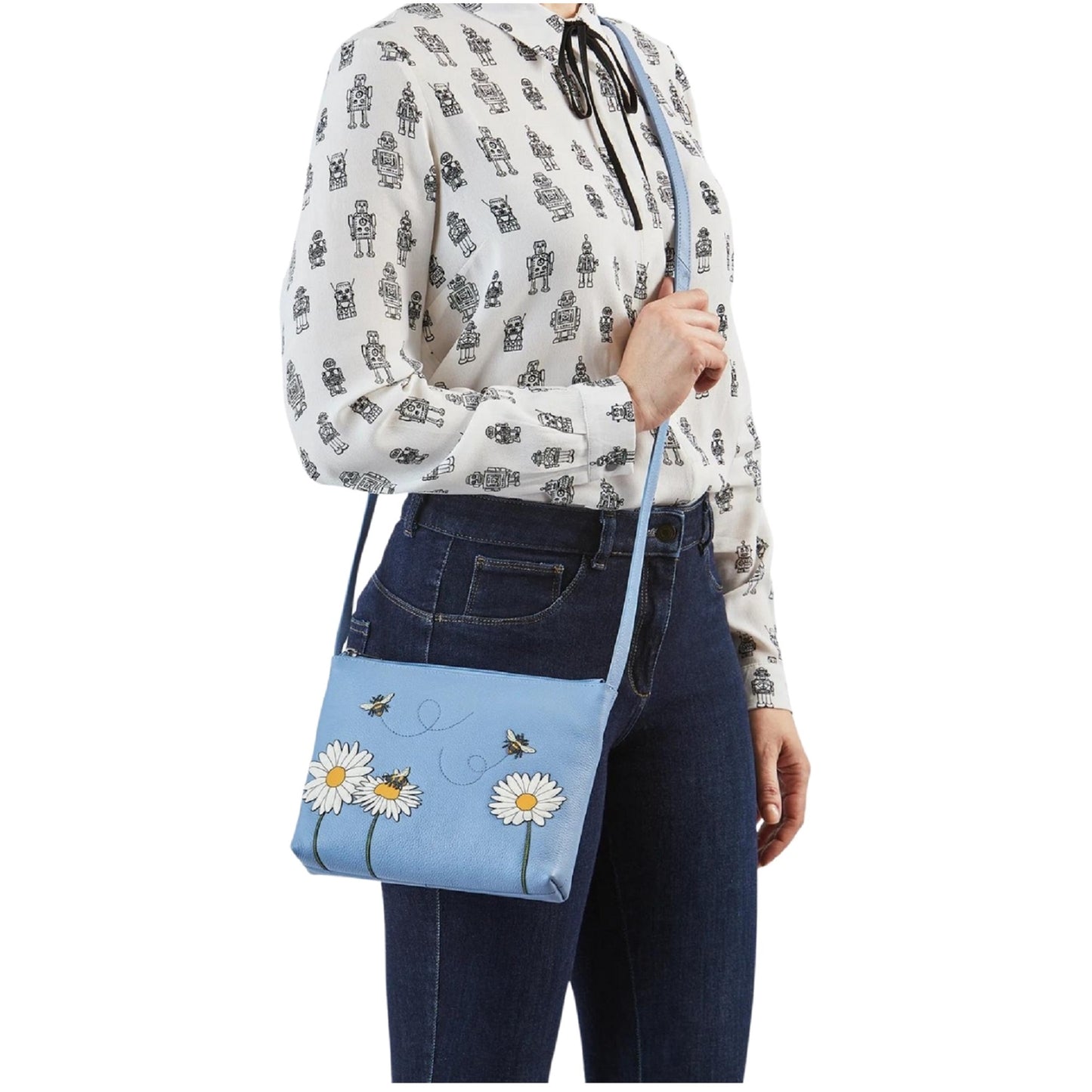 Bee Happy Leather Crossbody Bag - Blue