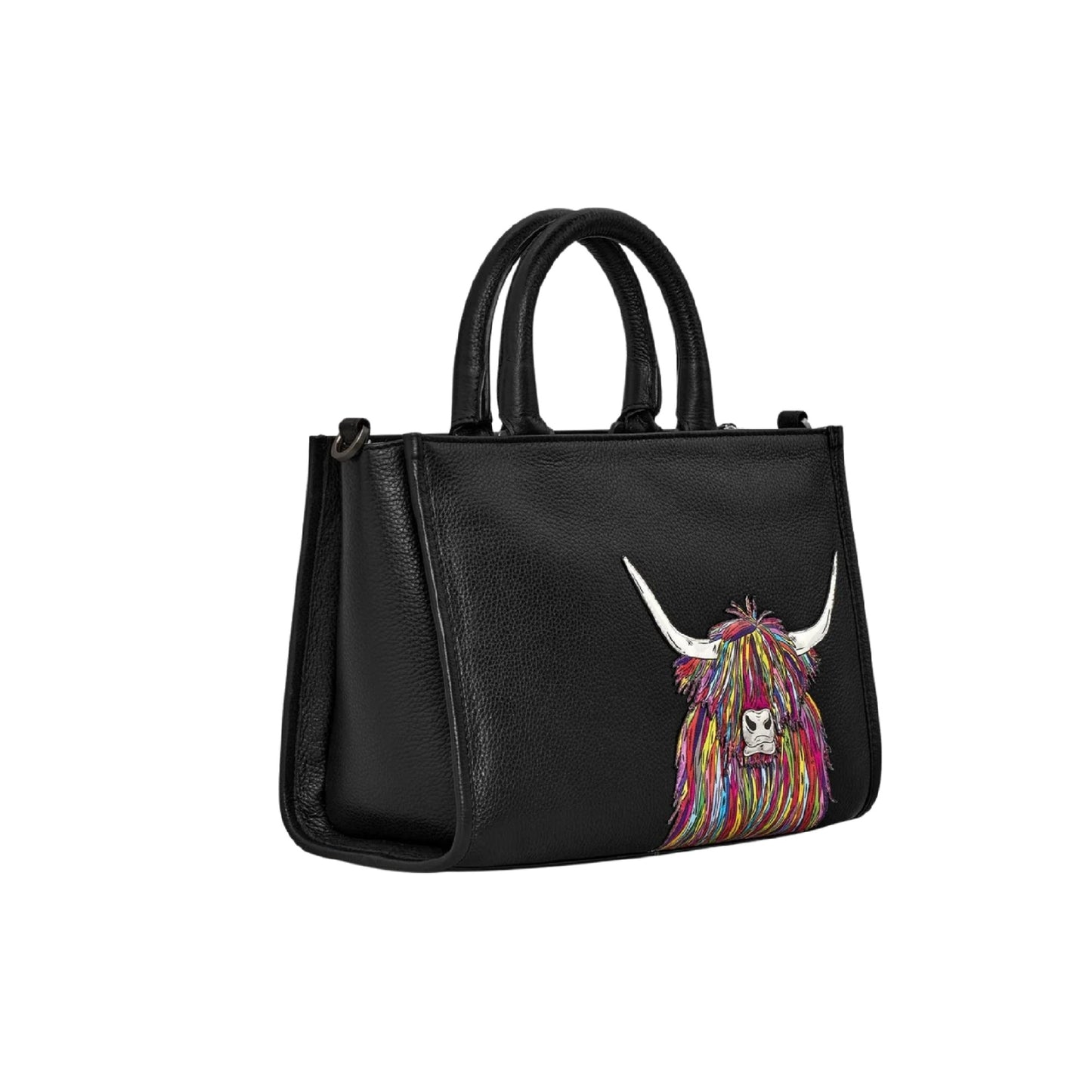 Highland Cow Leather Grab Bag - Black
