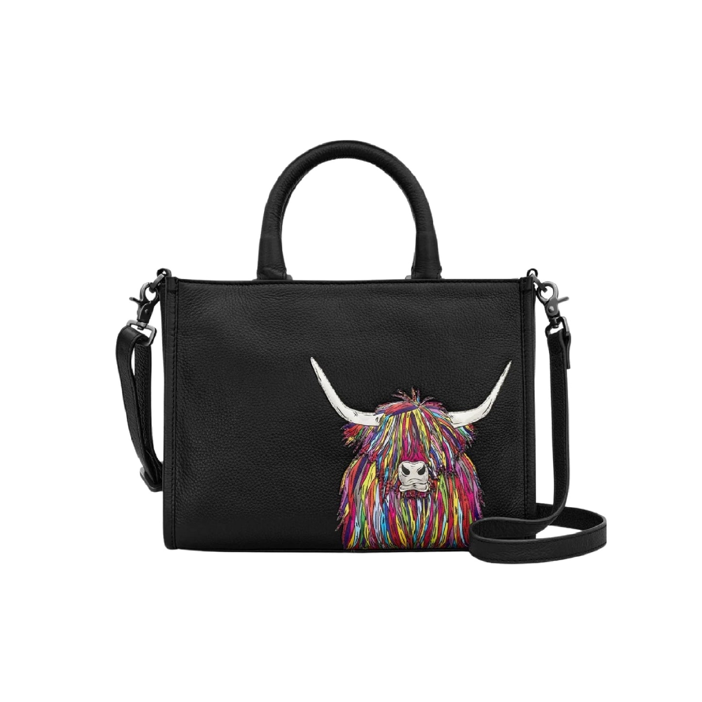 Highland Cow Leather Grab Bag - Black