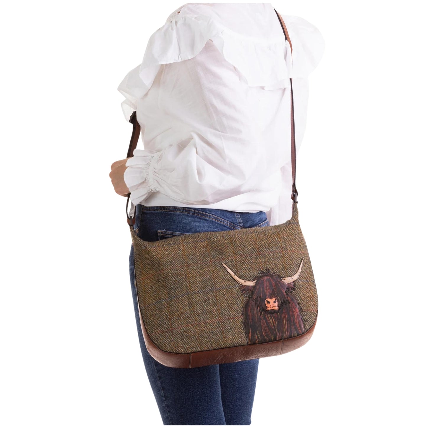 Highland Cow Tweed & Leather Hobo Bag- Brown