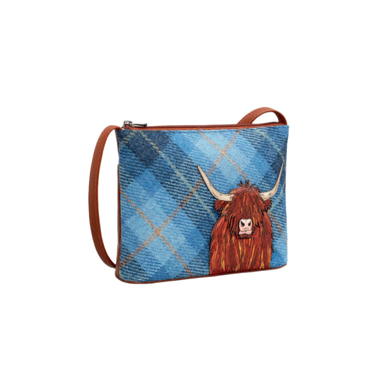 Highland Cow Blue Tweed Leather Crossbody Bag