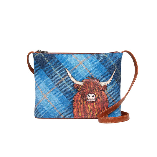 Highland Cow Blue Tweed Leather Crossbody Bag