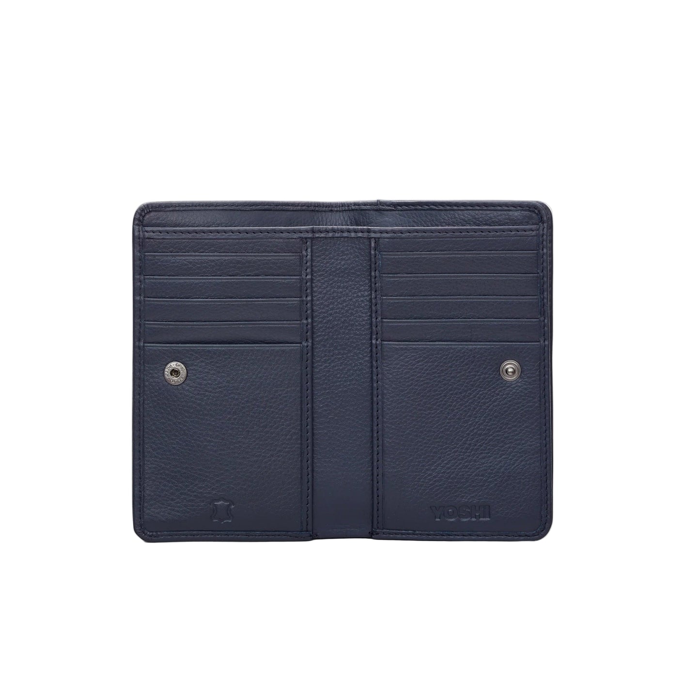 Navy blue wallet with visible stitching on a white background