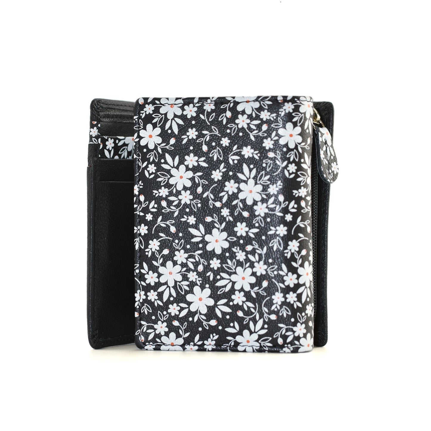 Maisie Flower Print Tri Fold Leather Purse - Black