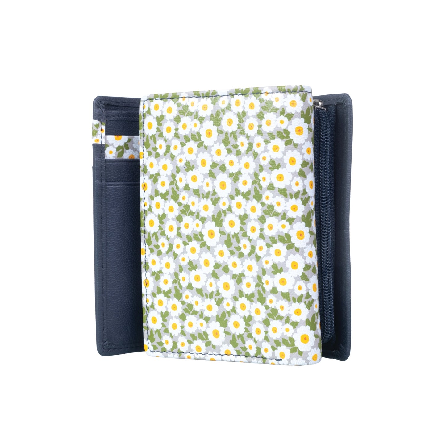 Maisie Flower Print Tri Fold Leather Purse - Navy