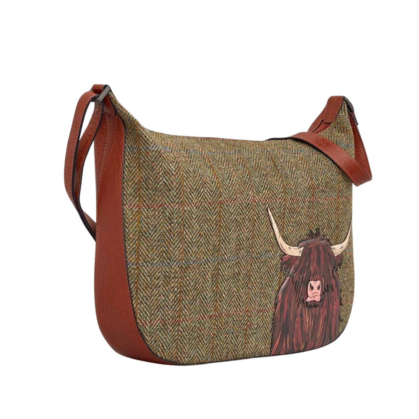 Highland Cow Tweed & Leather Hobo Bag- Brown