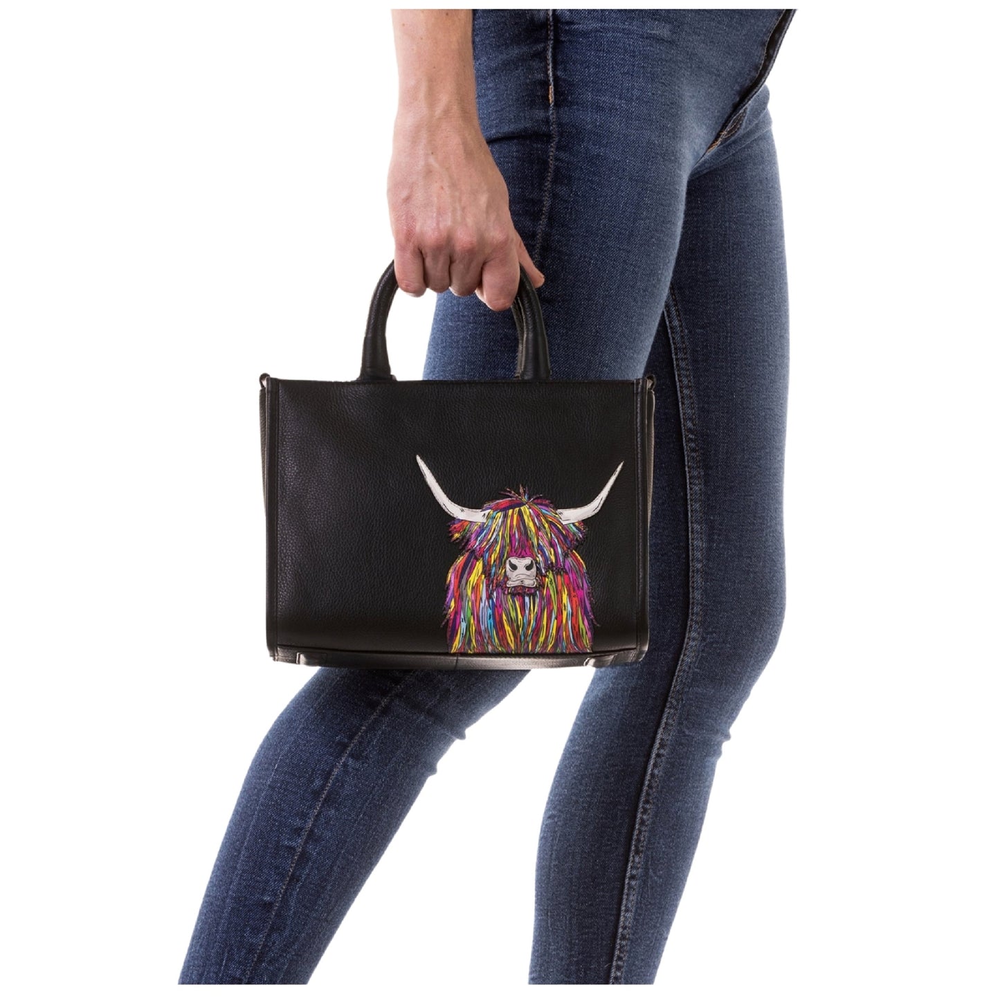 Highland Cow Leather Grab Bag - Black