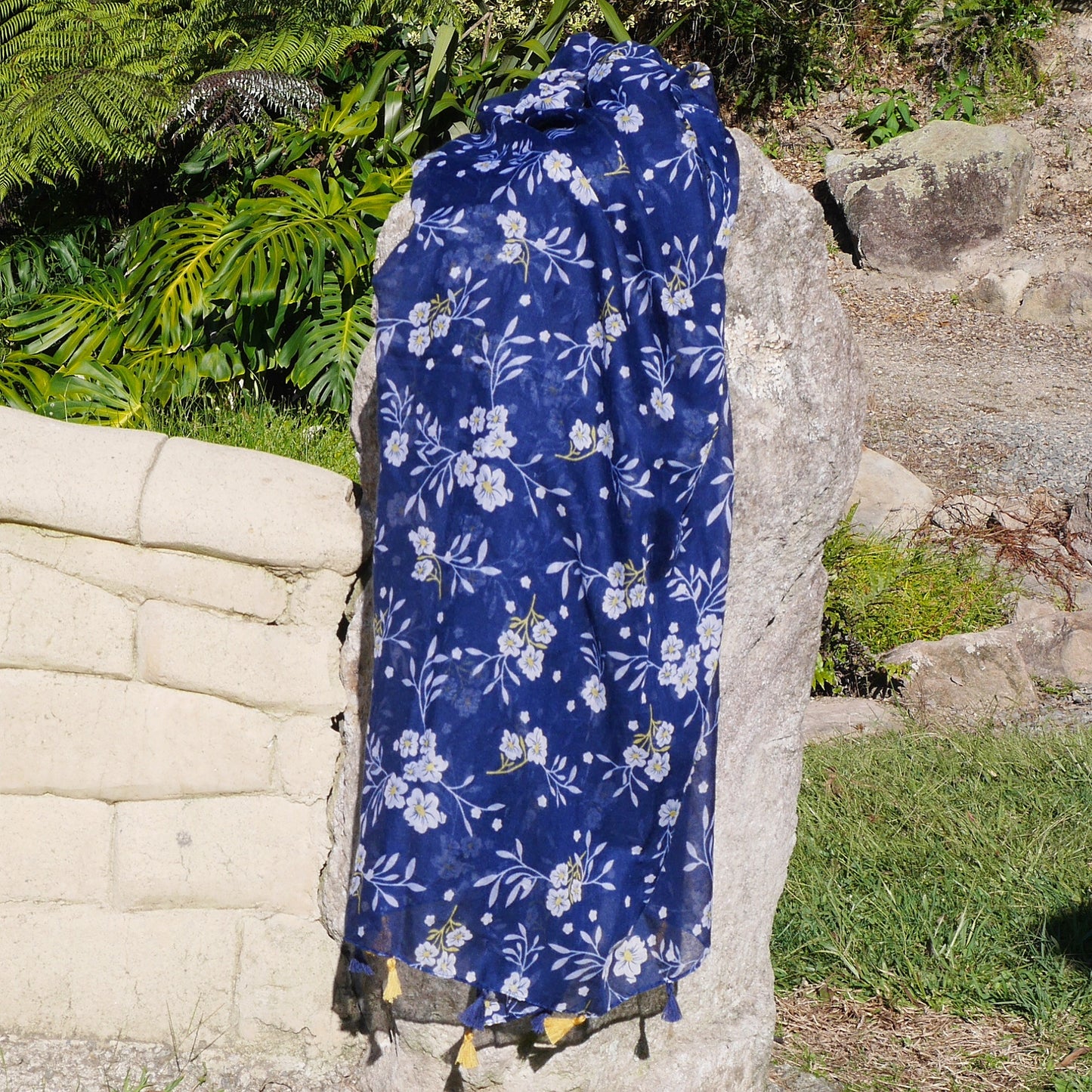 Blue with White & Yellow Flower Scarf