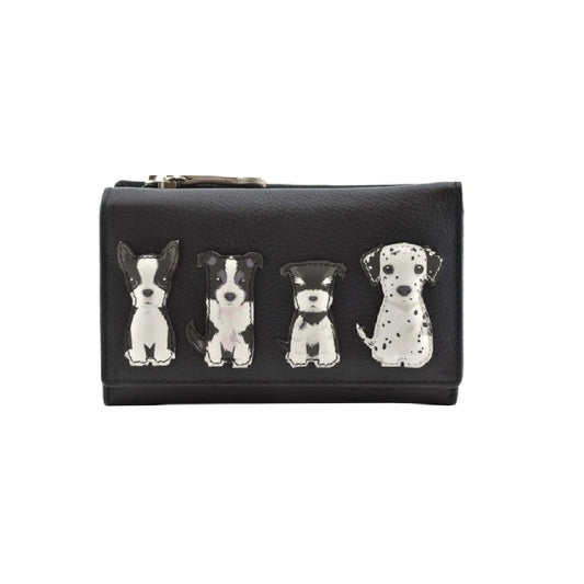 Best Friends Sitting Dogs Tri-Fold Leather Purse - Black