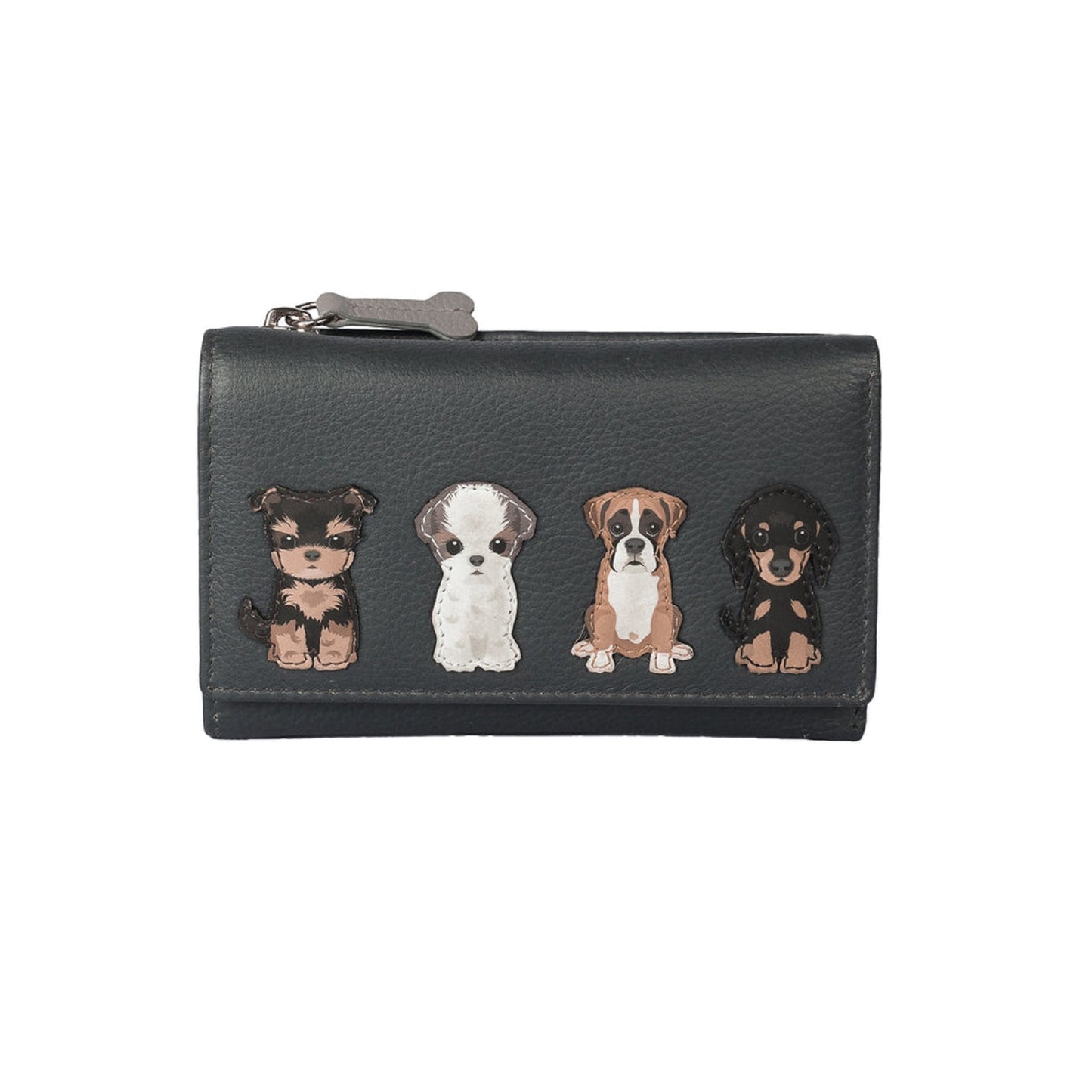 Best Friends Sitting Dogs Tri-Fold Leather Purse - Grey