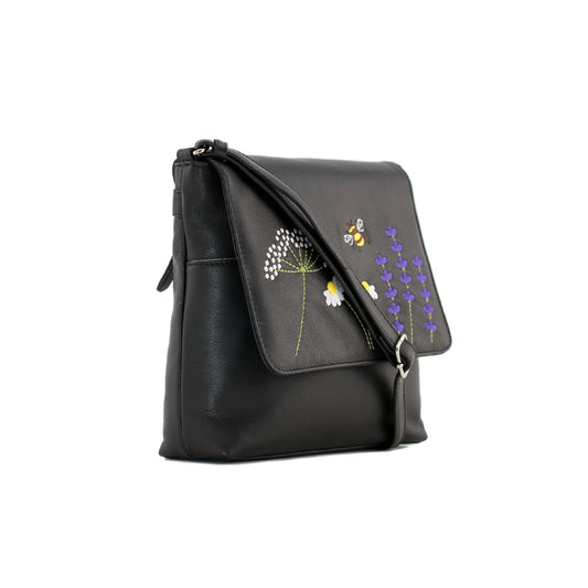 Blossom Leather Flap Crossbody Bag Black