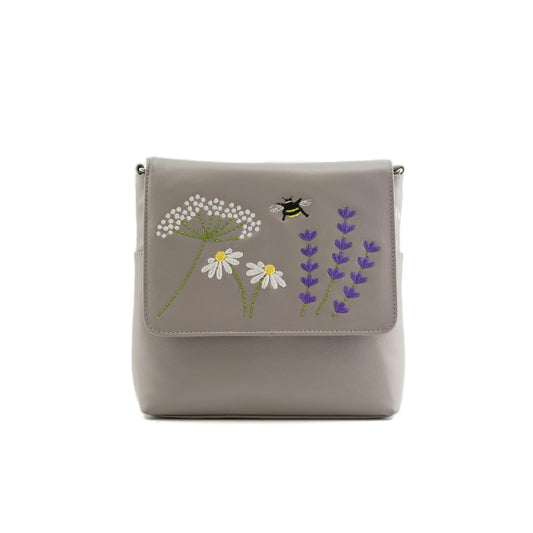 Blossom Leather Flap Crossbody Bag Grey
