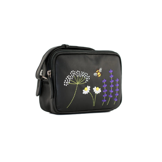 Blossom Small Leather 2-Zip Cross Body - Black