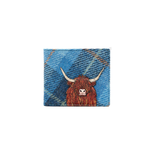 Highland Cow Harris Tweed Men's Leather Wallet - Blue