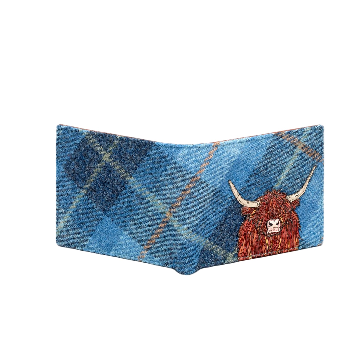 Highland Cow Harris Tweed Men's Leather Wallet - Blue