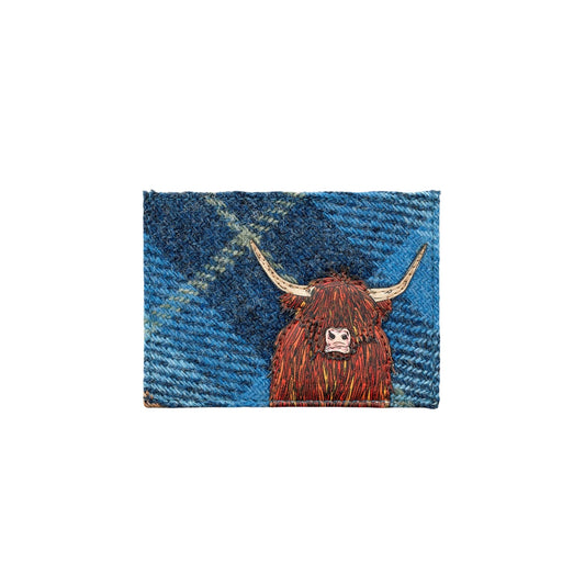 Highland Cow Card & Coin Leather Purse - Blue Harris Tweed