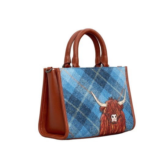 Highland Cow Tweed & Leather Grab Bag - Blue