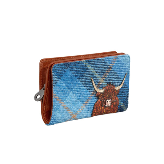 Highland Cow Oxford Leather Purse - Blue Harris Tweed