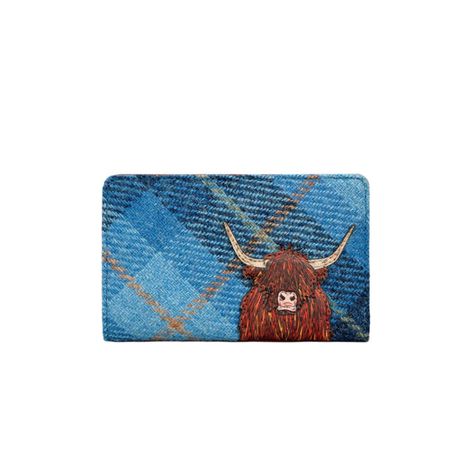 Highland Cow Oxford Leather Purse - Blue Harris Tweed