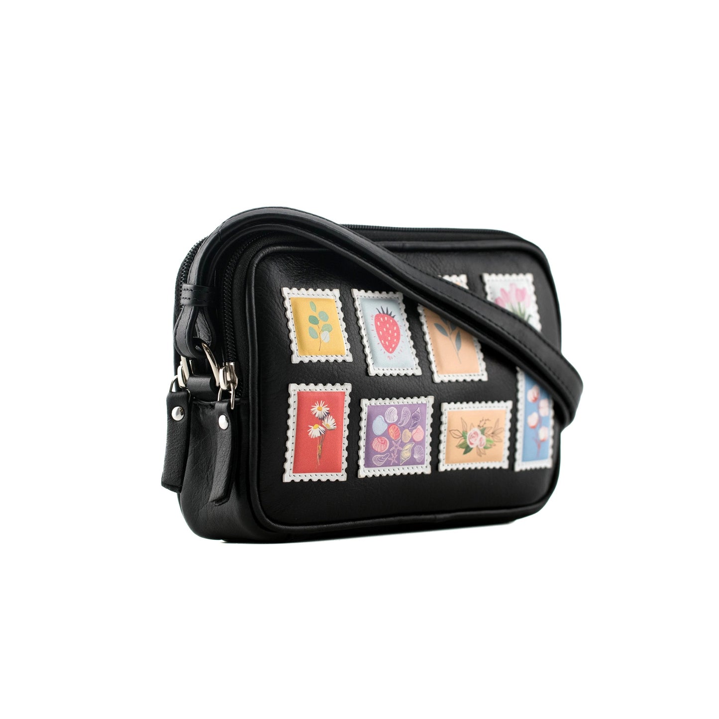 Botanists Small Leather 2-Zip Cross Body - Black