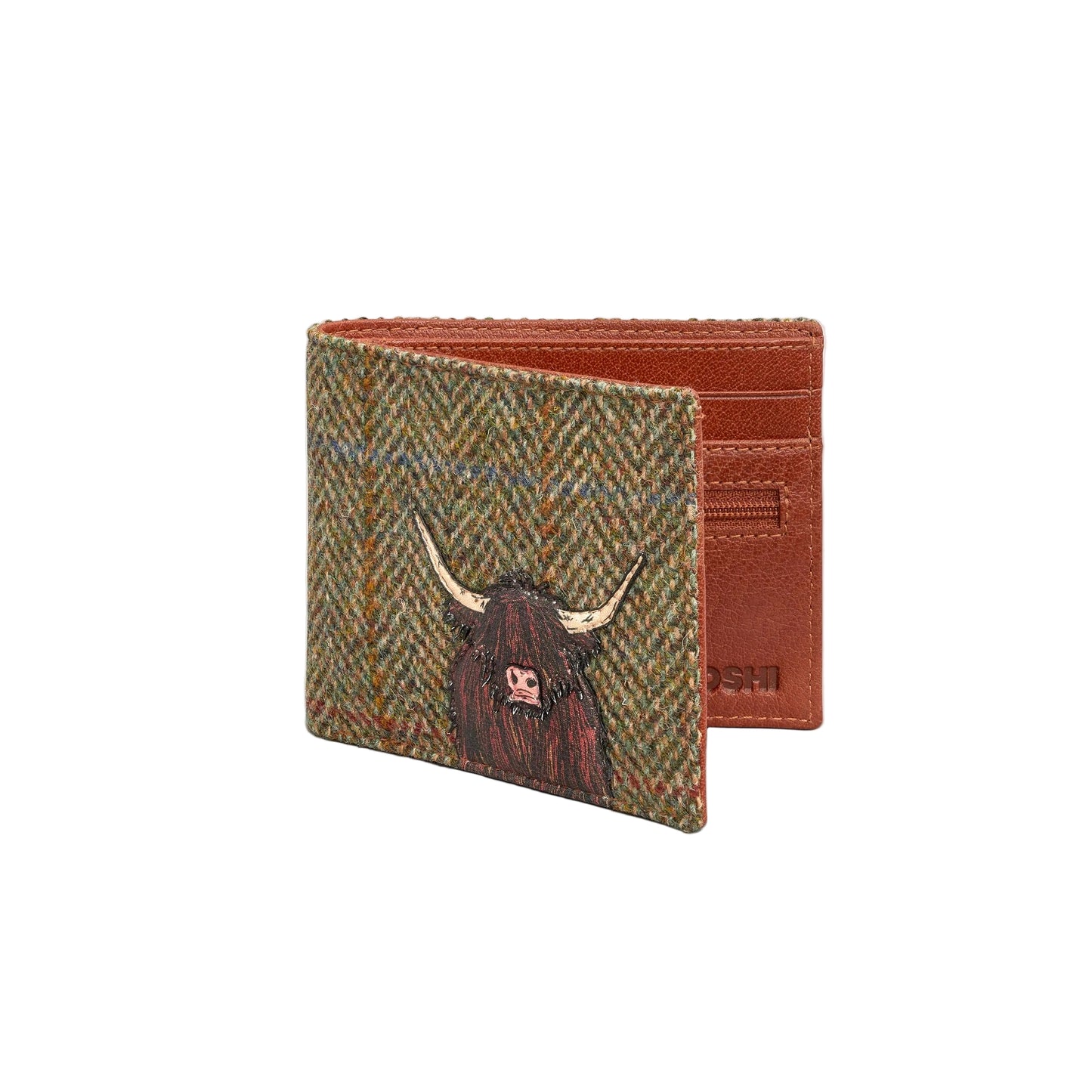 Highland Cow Harris Tweed Men's Leather Wallet - Brown