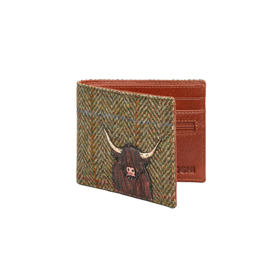 Highland Cow Harris Tweed Men's Leather Wallet - Brown