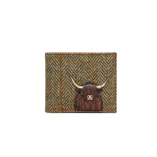 Highland Cow Harris Tweed Men's Leather Wallet - Brown