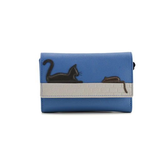 Cat & Mouse Large Tri Fold Leather Purse - Blue