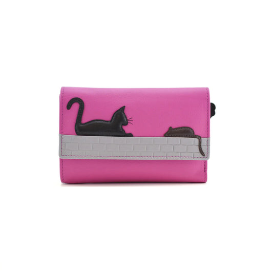 Cat & Mouse Large Tri Fold Leather Purse - Pink