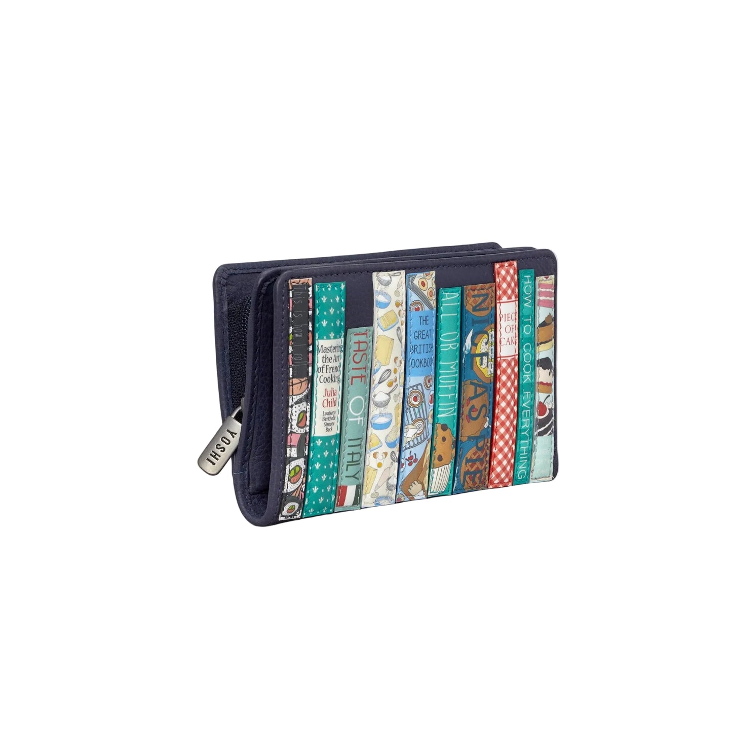 Colorful book-themed zippered pouch on a white background