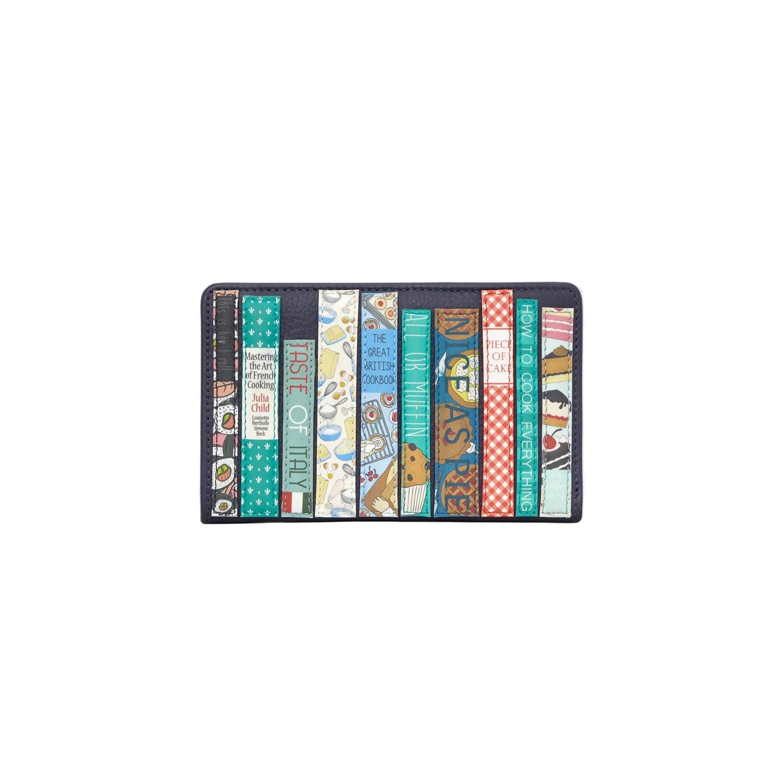 Card holder with book-themed design on a white background