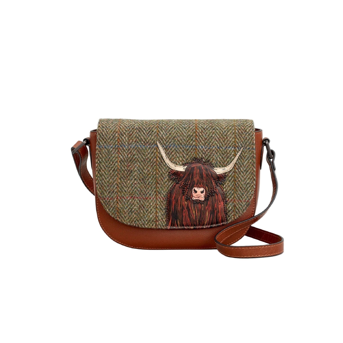 Highland Cow Tweed & Leather Flap Over Crossbody - Brown