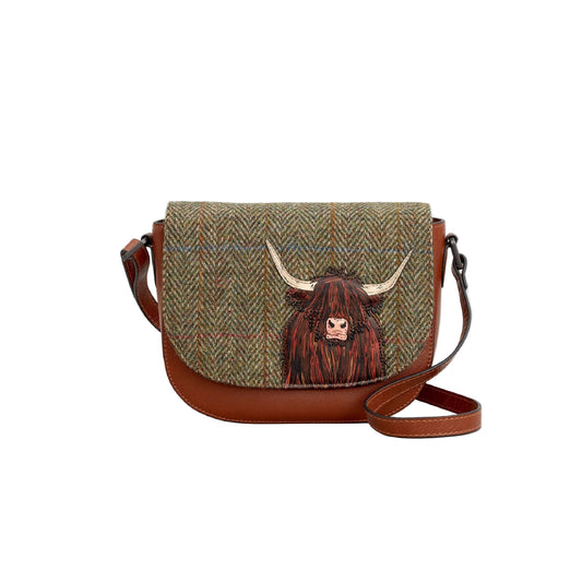 Highland Cow Tweed & Leather Flap Over Crossbody - Brown