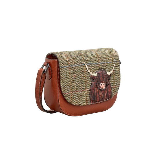 Highland Cow Tweed & Leather Flap Over Crossbody - Brown