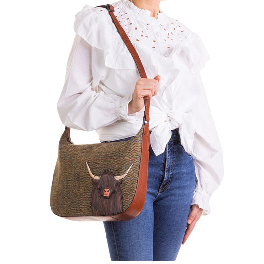 Highland Cow Tweed & Leather Hobo Bag- Brown