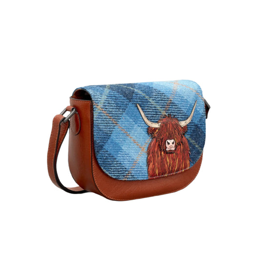 Highland Cow Tweed & Leather Flap Over Crossbody - Blue