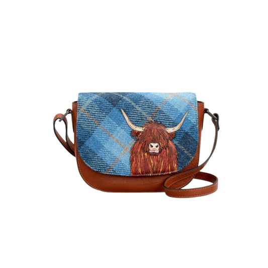 Highland Cow Tweed & Leather Flap Over Crossbody - Blue