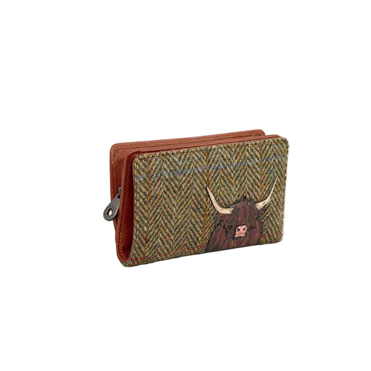 Woven fabric wallet with a longhorn cow design on a white background