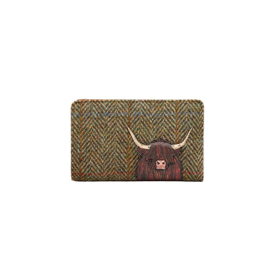 Harris Tweed wallet with a highland cow design on a white background