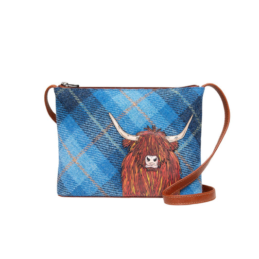 Highland Cow Blue Tweed Leather Crossbody Bag