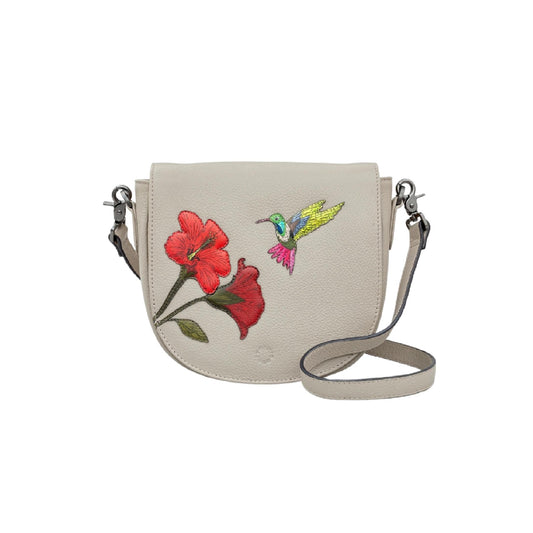 Petals & Feathers Hummingbird Leather Flap Over Bag - Warm Grey