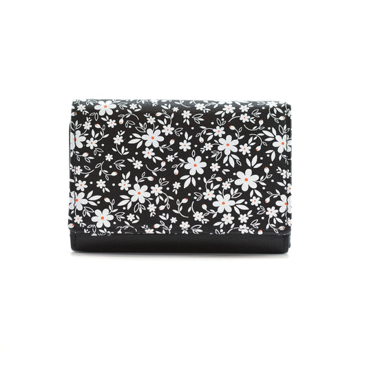 Maisie Flower Print Tri Fold Leather Purse - Black