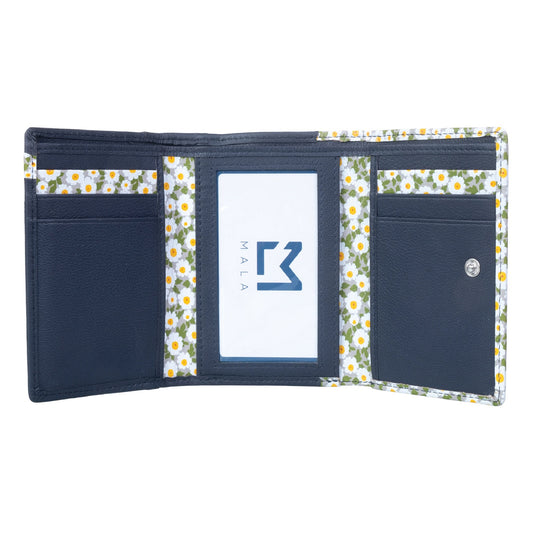 Maisie Flower Print Tri Fold Leather Purse - Navy