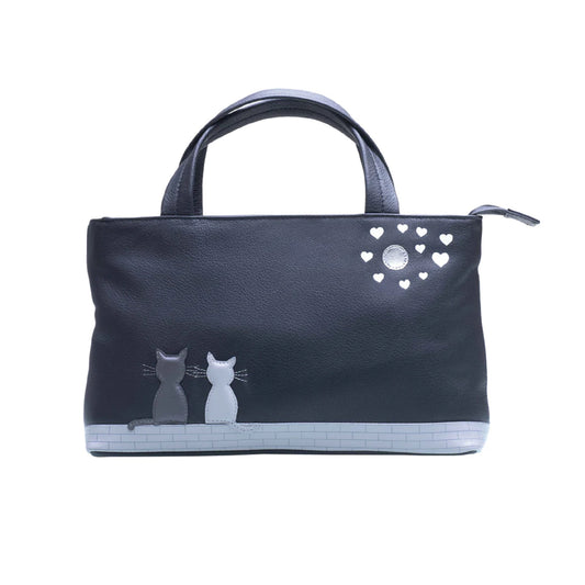 Midnight Cats Leather Grab Bag - Black