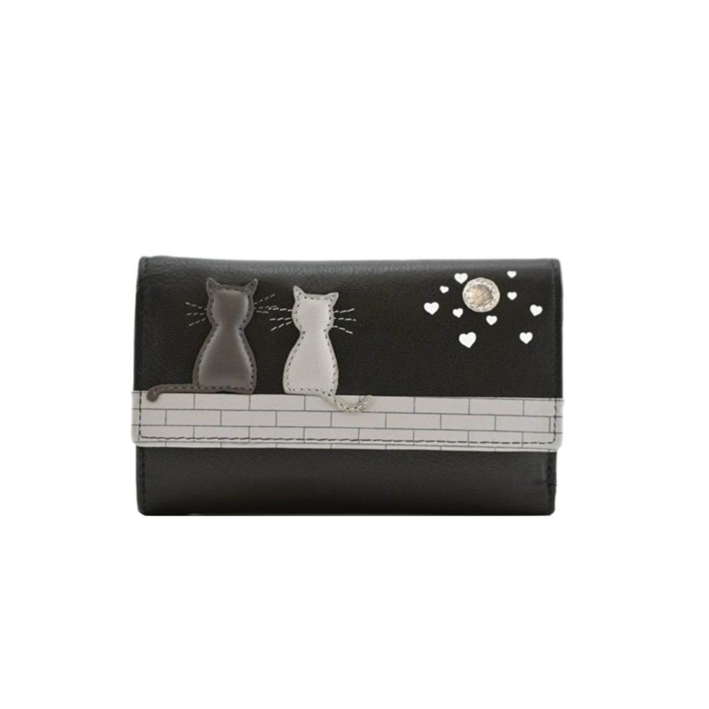 Midnight Cats Tri Fold Leather Purse - Black