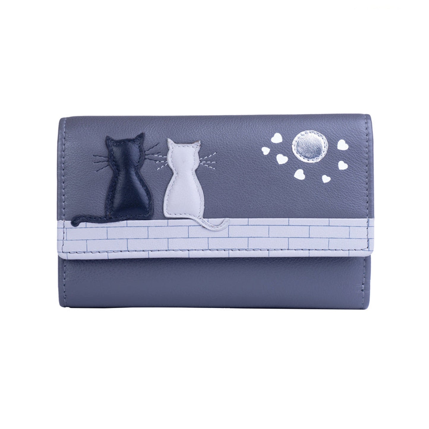 Midnight Cats Tri Fold Leather Purse - Grey