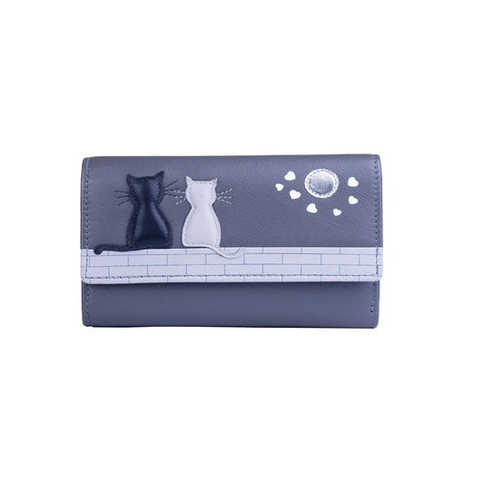 Midnight Cats Tri-Fold Leather Purse - Grey