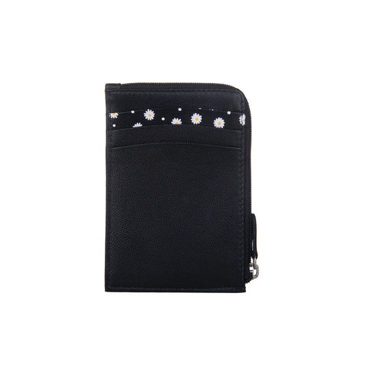 Peony Card & Coin Leather Holder - Black