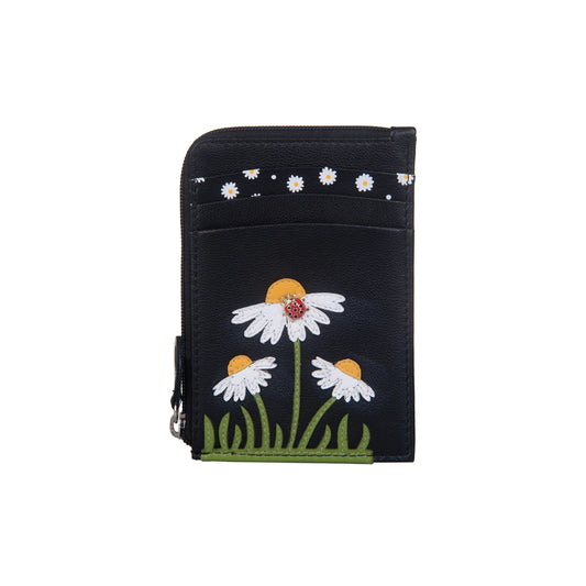 Peony Card & Coin Leather Holder - Black