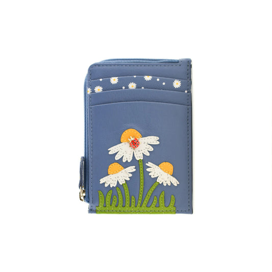 Peony Card & Coin Leather Holder - Blue